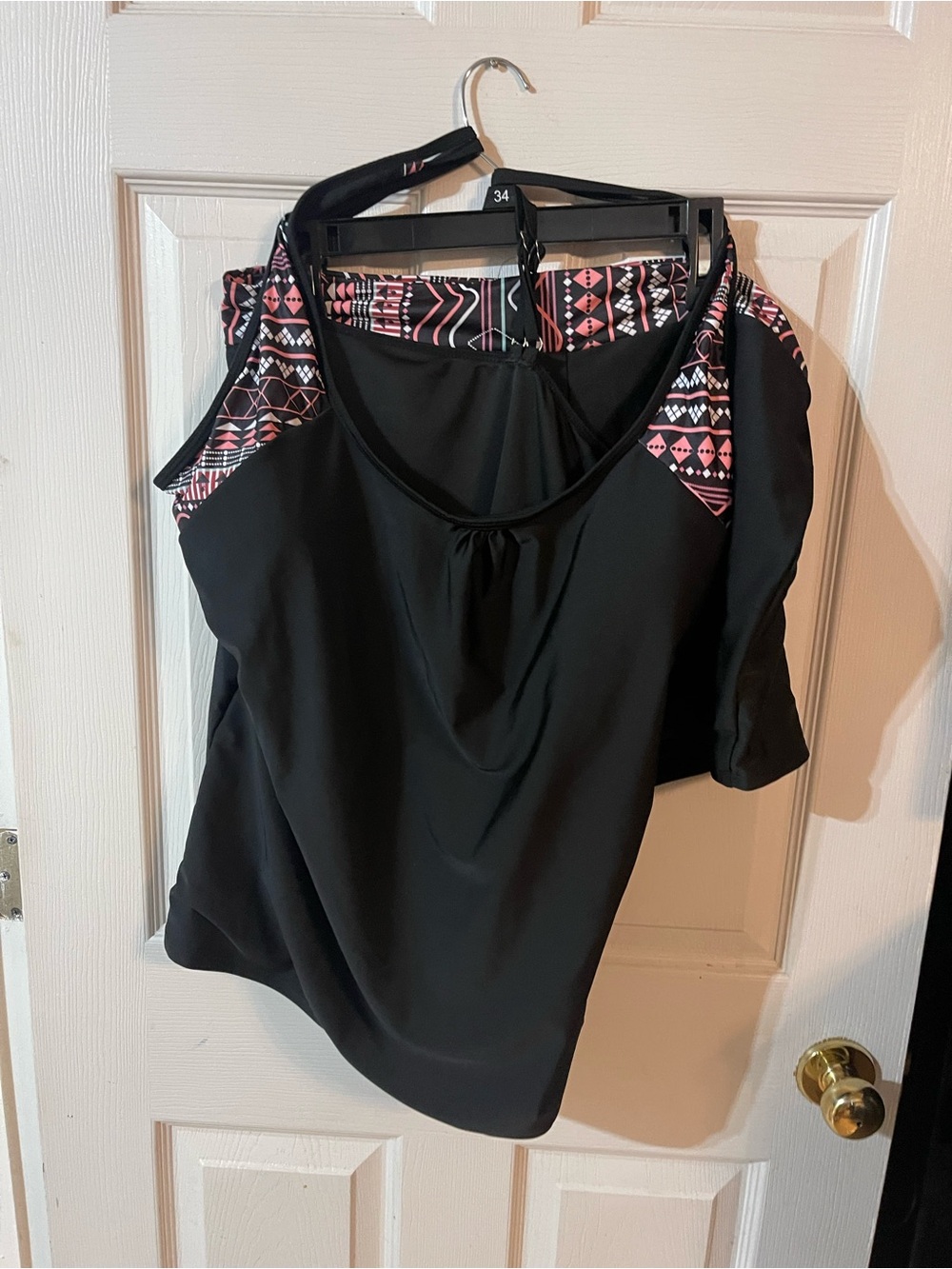 SHEIN Black Swim Top with Pink Tribal Print Accents